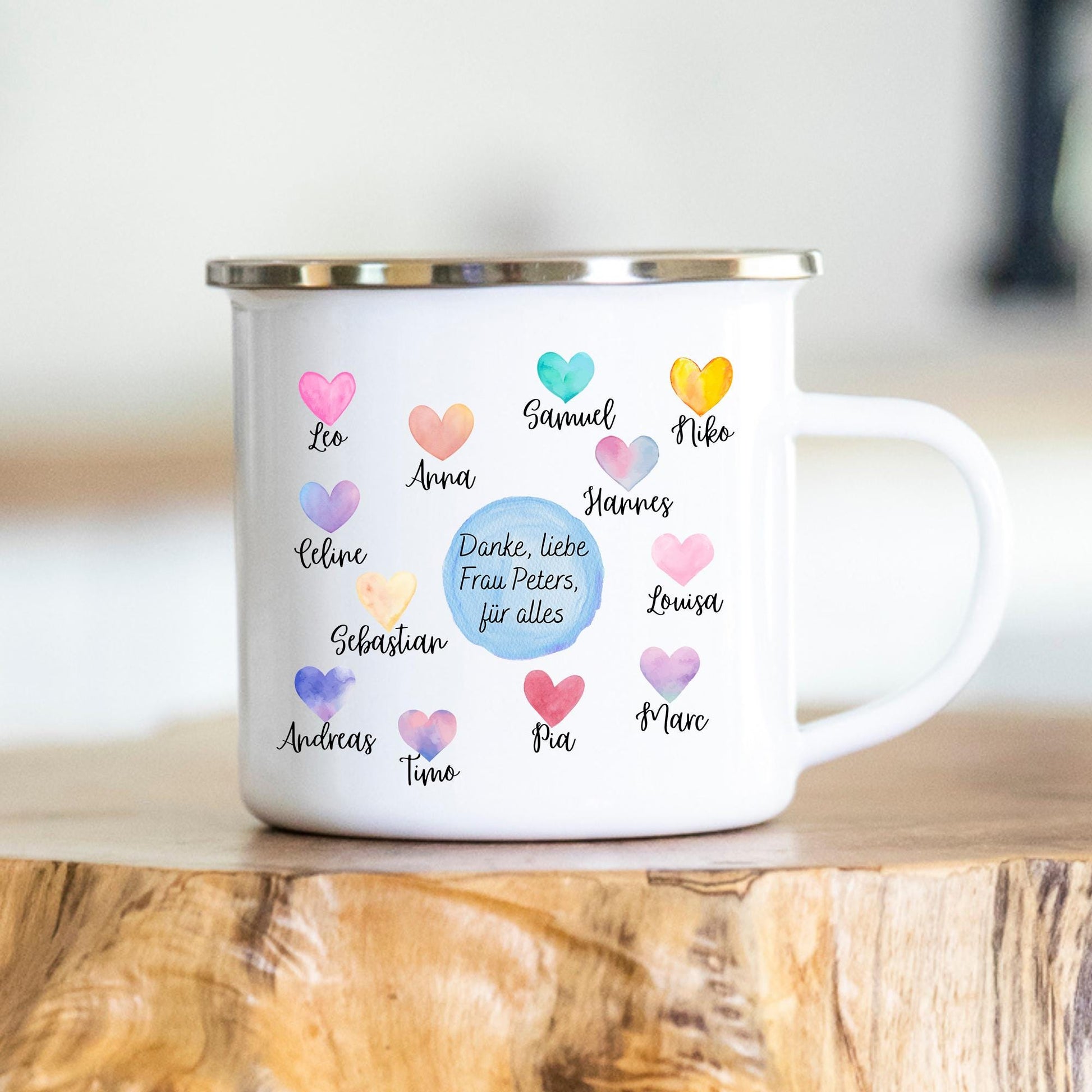 Personalisierbare Tasse - Herzen - Aquarell - Erzieherin - Dankeschön - Abschiedsgeschenk - Emaille - Keramik - Geschenk - Tagesmutter