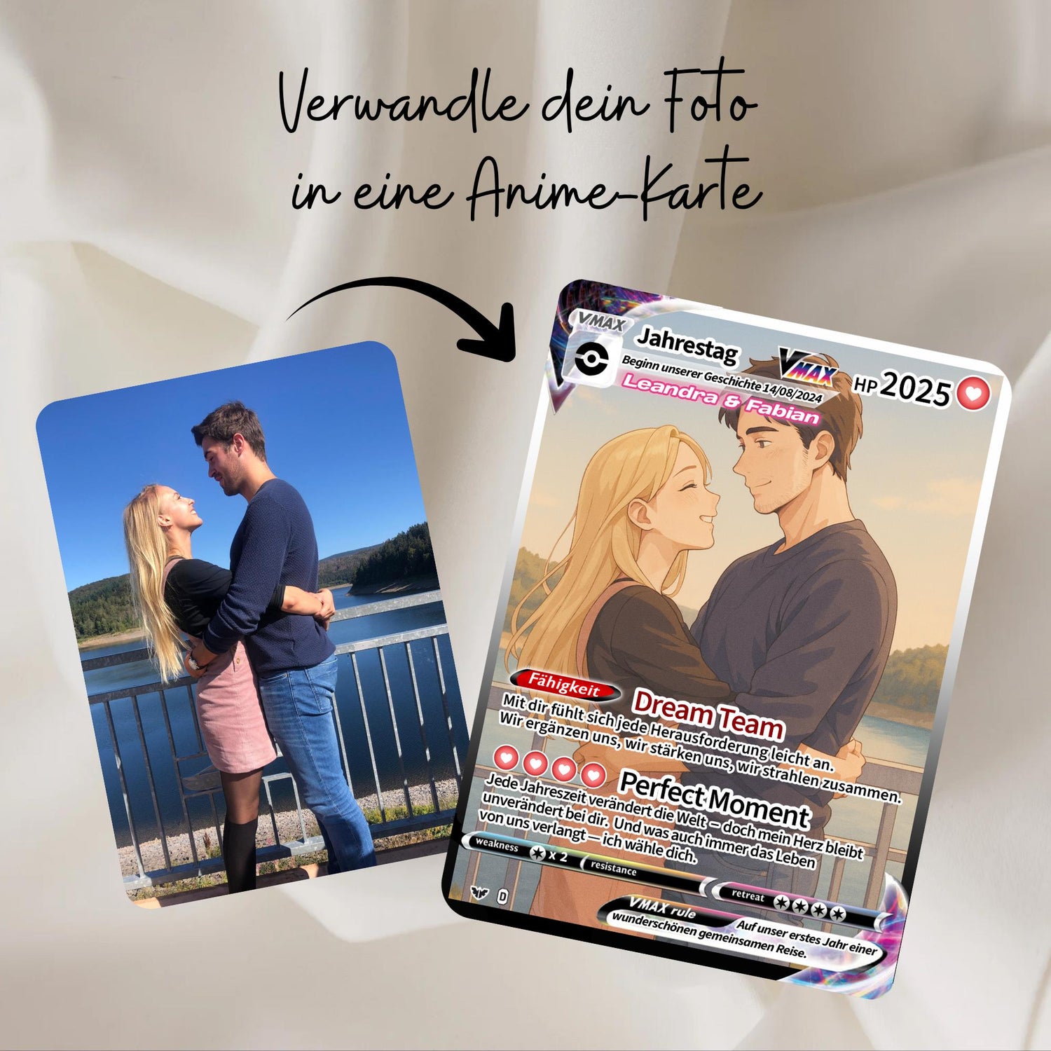 Anime Pokemon Paar Karte – Personalisierte Foto Illustration – Custom Couple Card – Jahrestag Geschenk für Paare – Hochzeit - Liebeskarte