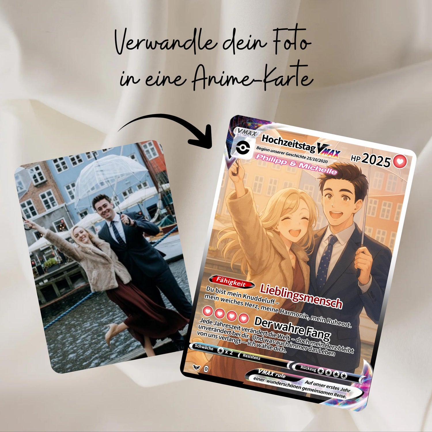 Anime Pokemon Paar Karte – Personalisierte Foto Illustration – Custom Couple Card – Jahrestag Geschenk für Paare – Hochzeit - Liebeskarte