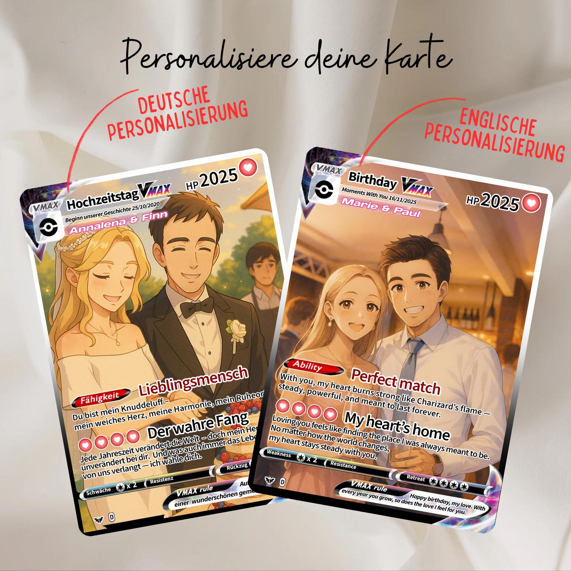 Anime Pokemon Paar Karte – Personalisierte Foto Illustration – Custom Couple Card – Jahrestag Geschenk für Paare – Hochzeit - Liebeskarte